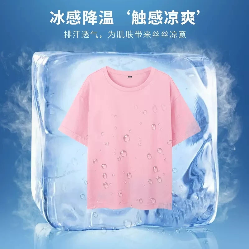 Pink t-shirt surrounded by ice cubes and mist, advertised as a cooling sensation.
