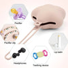 A portable pacifier and teether set featuring a silicone pacifier, clip, headphones, and lip balm, attached by a strap.
