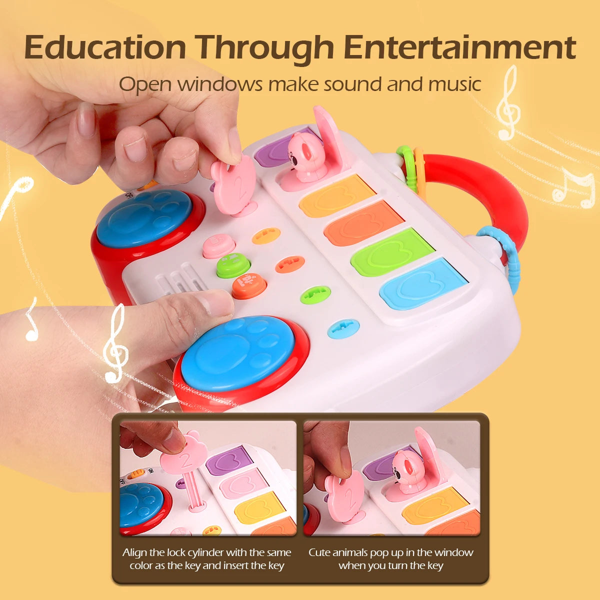 A hand is operating a colorful pop-up animal toy set, showing how to align the lock cylinder and insert the key.