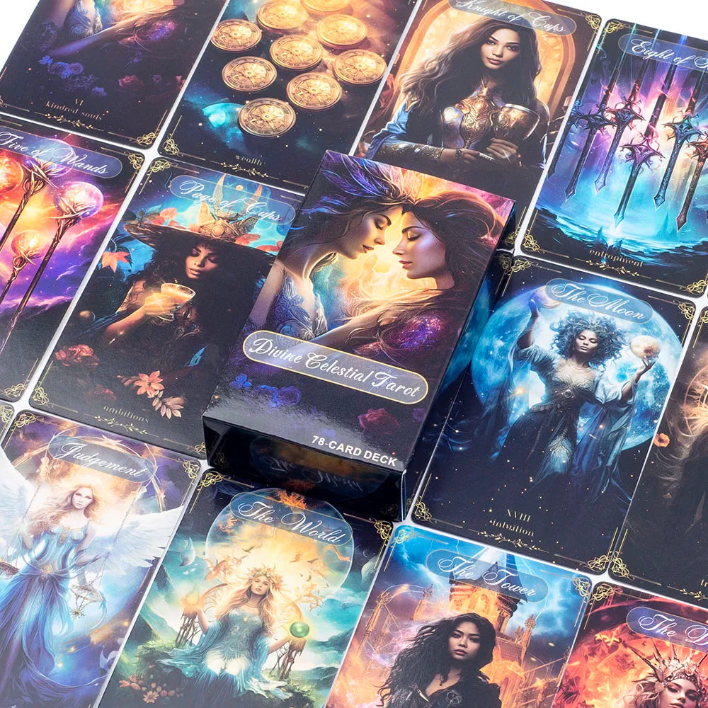 A collection of illustrated tarot cards featuring mystical figures and celestial themes.
