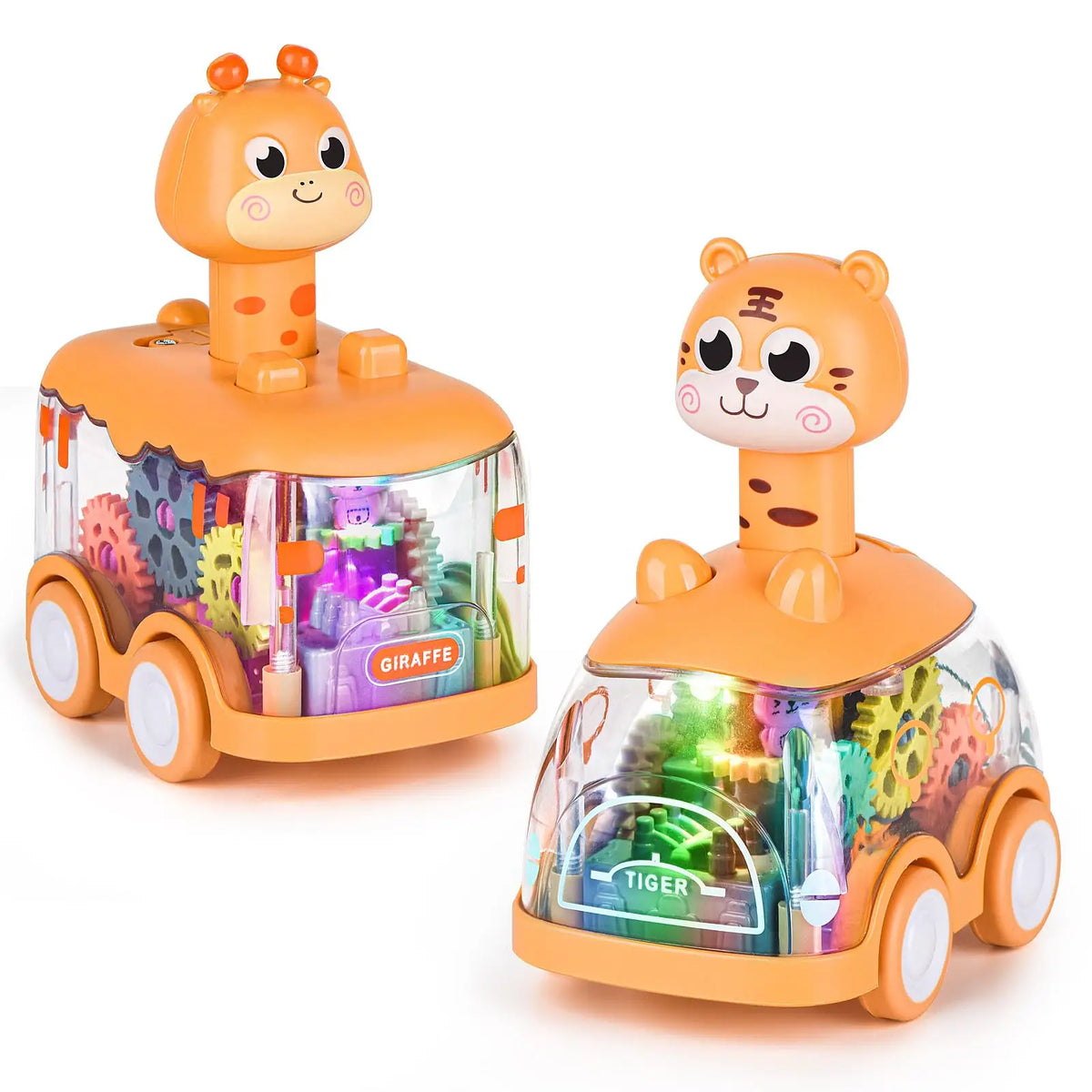 An orange giraffe and tiger themed press and go light-up gear car toy for toddlers.