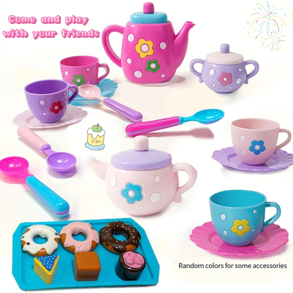 A colorful kids tea party playset featuring a pink teapot, cups, and cookies on a blue tray.