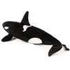 Black and white lifelike orca whale plush toy with a sleek body and dorsal fin.