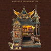 A detailed wooden miniature kit of an illuminated owl post office with furniture and a magic moment scene.