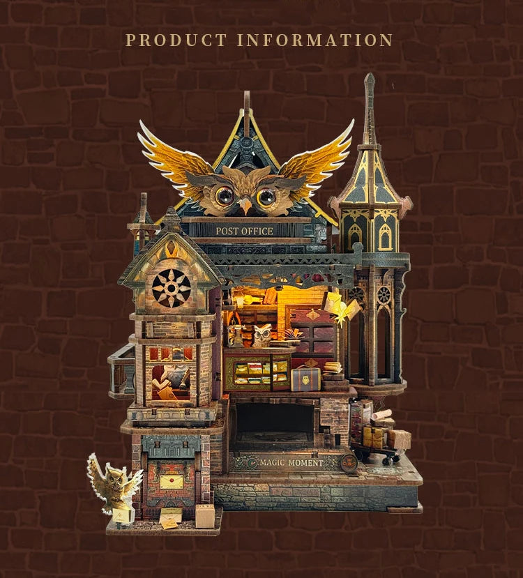A detailed wooden miniature kit of an illuminated owl post office with furniture and a magic moment scene.