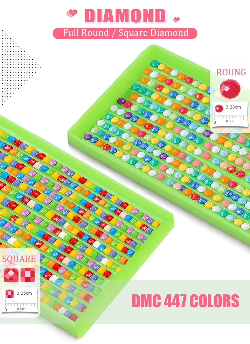 A tray of 447 colored plastic diamonds for a diamond painting kit featuring full round and square shapes.