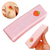 A pink strawberry milk squishy stress relief toy is shown in various angles, including a hand holding the product.