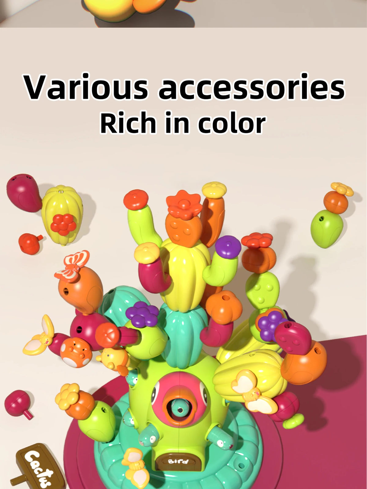 A colorful set of cactus building blocks and accessories for creative DIY educational play.