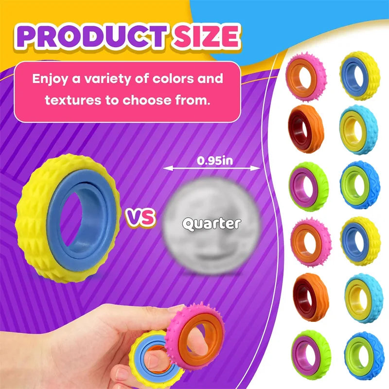 A hand holds a colorful sensory fidget ring, comparing it to a silver quarter coin.