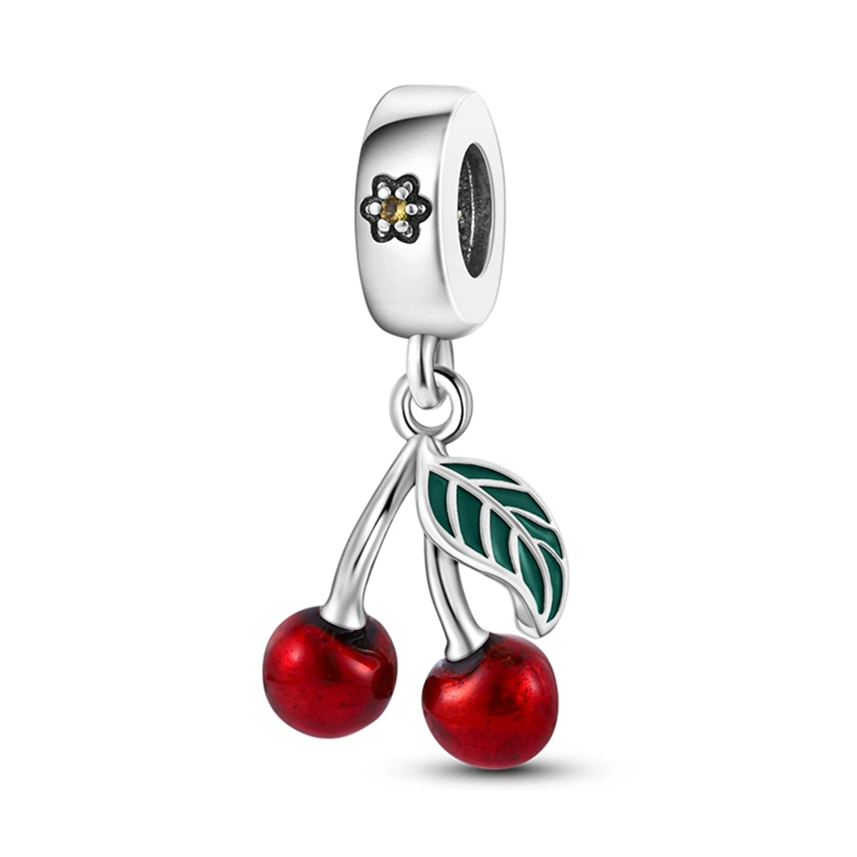 A silver fruit charm bead set featuring a leaf and two cherry-like beads.