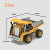 A yellow 1:64 scale remote control truck excavator model shown with dimensions labeled.