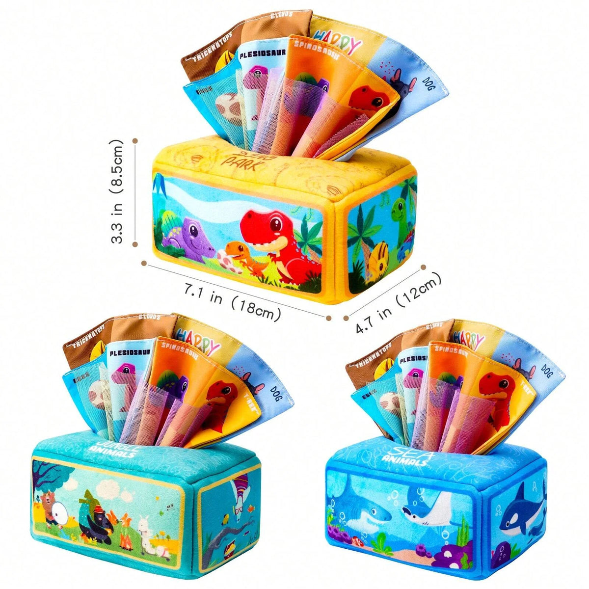 A set of Montessori soft tissue boxes for babies featuring various animal themes and colorful inserts.