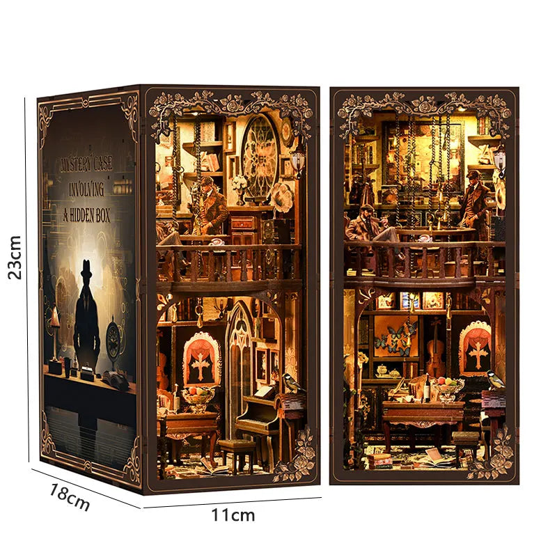 A wooden book nook kit featuring a detailed Japanese alley miniature scene with integrated LED lights.