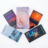 Collection de neuf cartes style tarot avec des titres comme Épuisement, Confusion, Silence et Chimie.