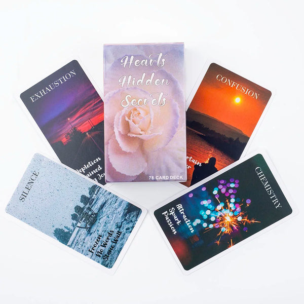 A collection of nine tarot-style cards featuring titles like Exhaustion, Confusion, Silence, and Chemistry.