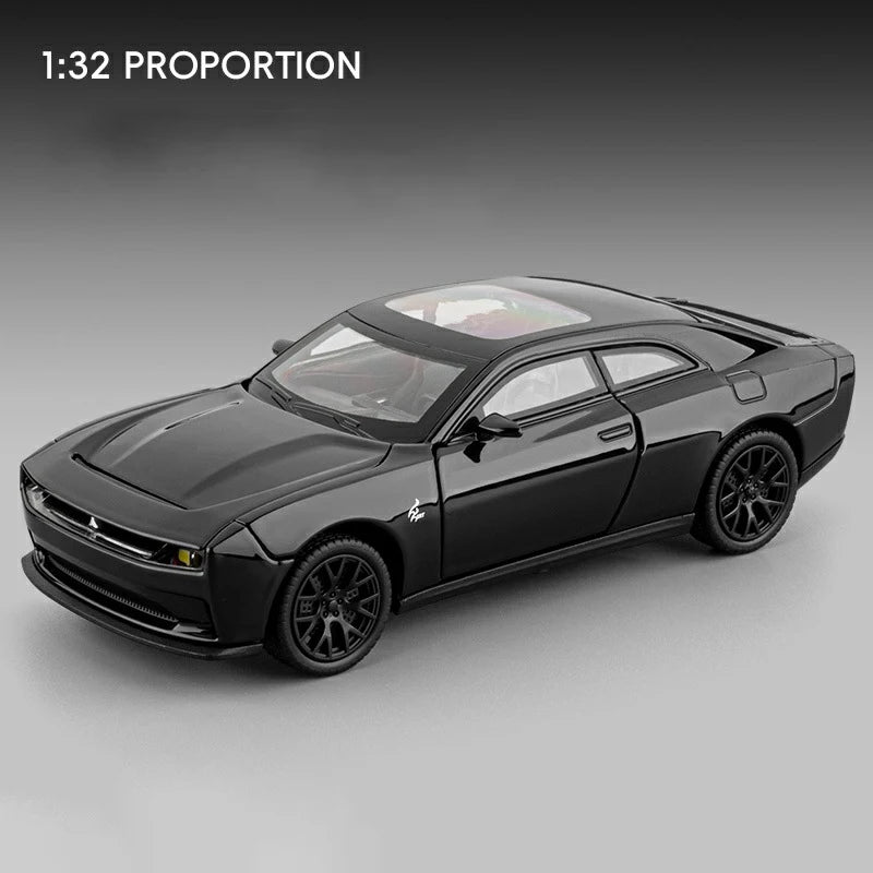 A black diecast model of a Dodge Challenger SRT Hellcat sports car shown in a side profile.