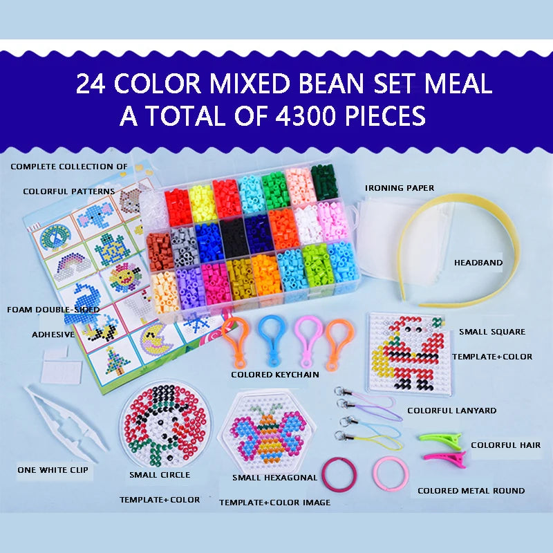 A mixed bean set meal featuring 4300 pieces including colorful patterns, ironing paper, and various accessories.