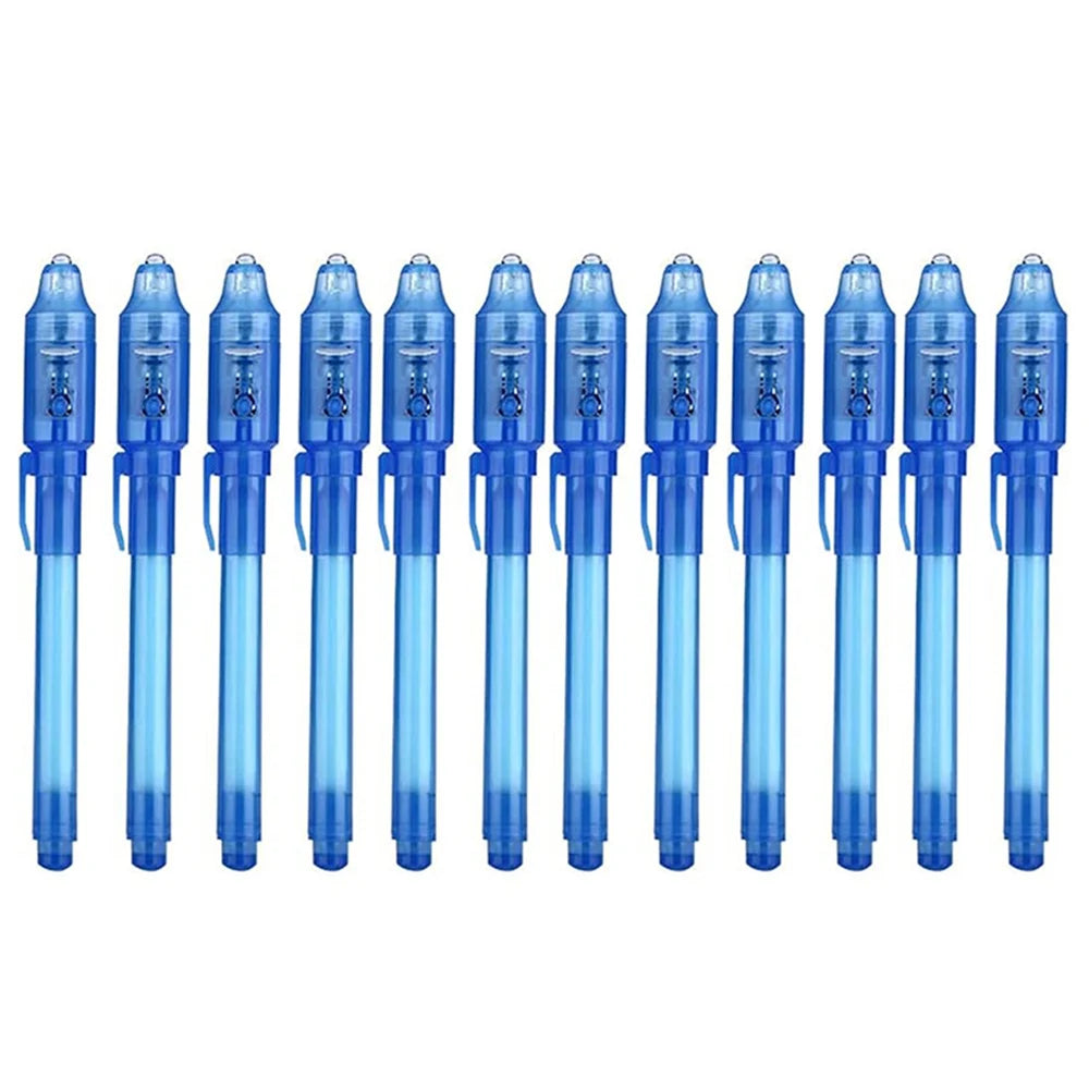A set of invisible ink spy pens with UV light for writing secret messages