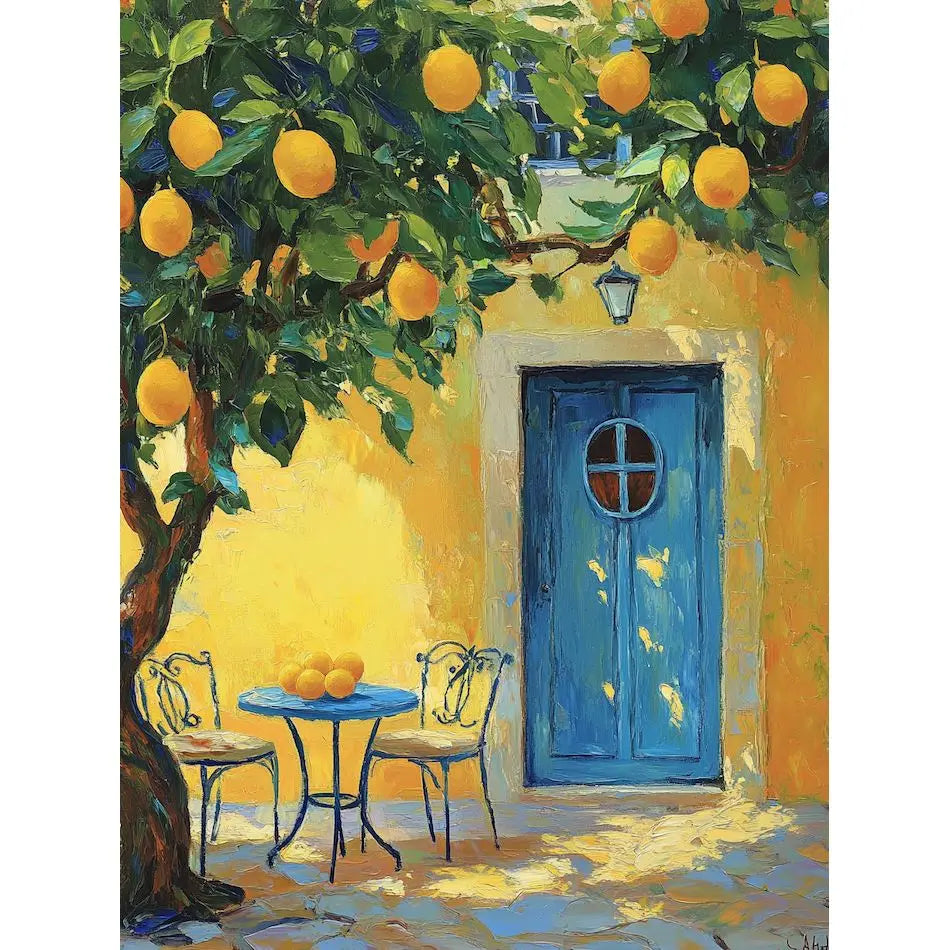 An oil painting depicting a tree laden with yellow lemons in front of a bright yellow wall and a blue wooden door.