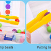 Two images showing yellow plastic tools used for clip beads and putting beads games with colorful wooden and plastic beads.