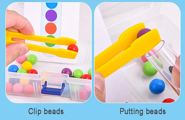 Two images showing yellow plastic tools used for clip beads and putting beads games with colorful wooden and plastic beads.