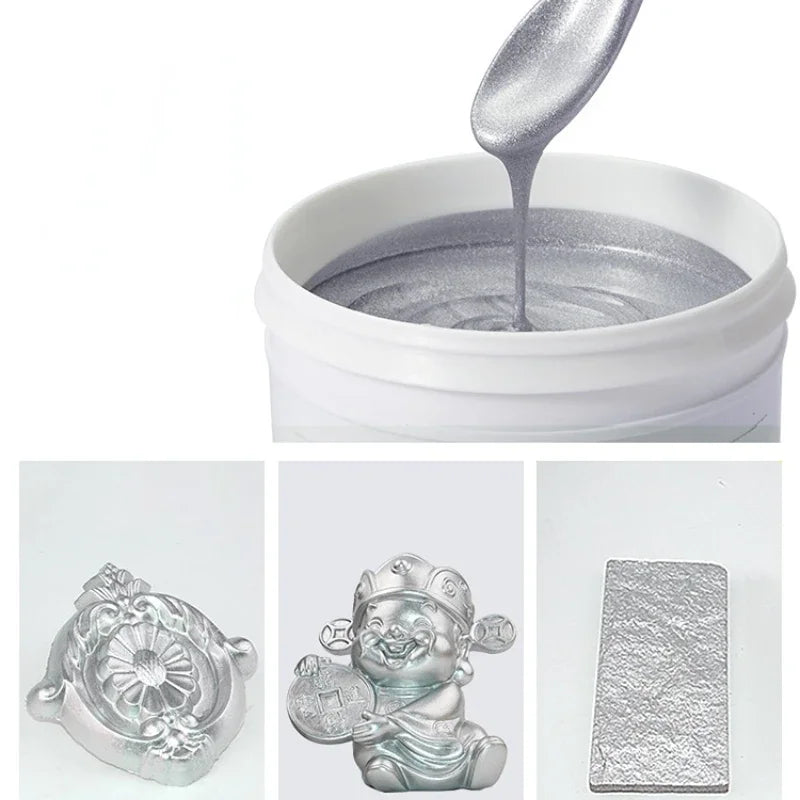 A silver glitter paint is shown being dispensed from a spatula into a white container, with finished silver decorative items 