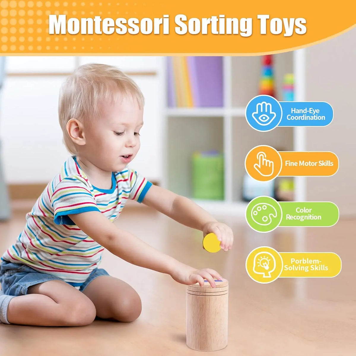 A toddler is playing with a wooden coin and color sorting toy, demonstrating hand-eye coordination and fine motor skills.