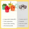 A comparison of two sensory fruit and veggie sorting sets, one red and one orange, showing features for babies and older chil