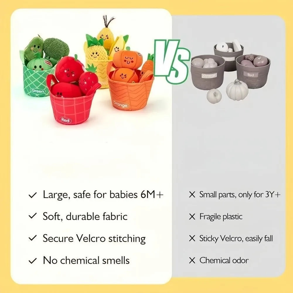 A comparison of two sensory fruit and veggie sorting sets, one red and one orange, showing features for babies and older chil