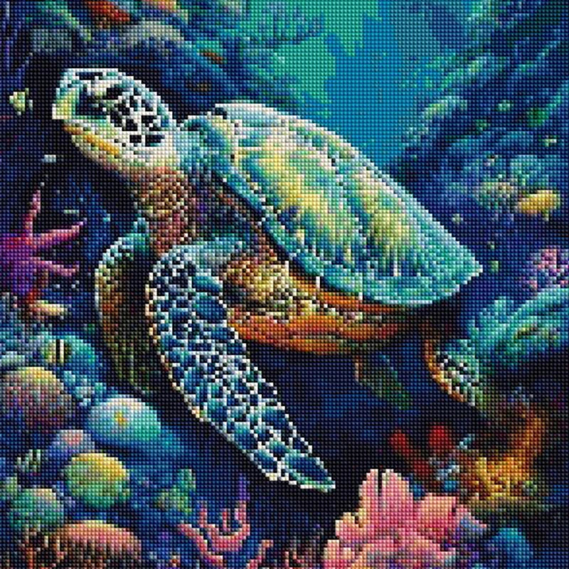 Diamond painting of a sea turtle swimming among colorful coral and underwater plants.