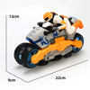 An orange and white transformable stunt car toy featuring a rider, displayed with dimensions of 13cm by 22cm.