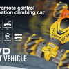 A yellow remote control stunt vehicle is shown in action, featuring large remote control deformation climbing car components.