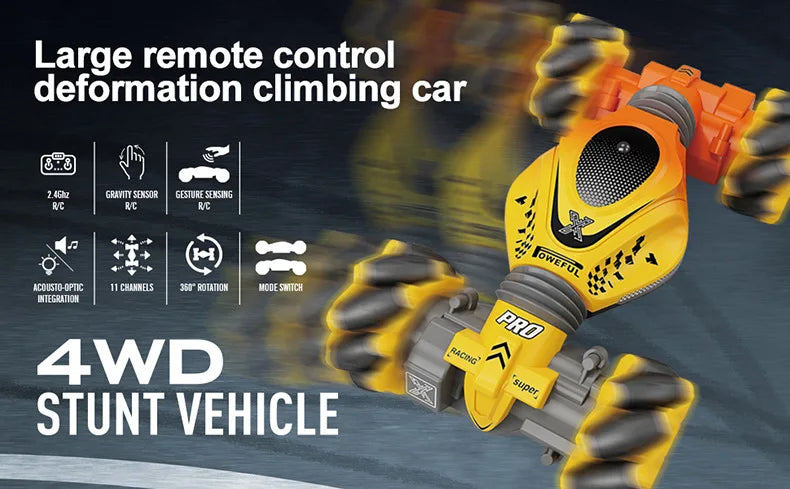 A yellow remote control stunt vehicle is shown in action, featuring large remote control deformation climbing car components.