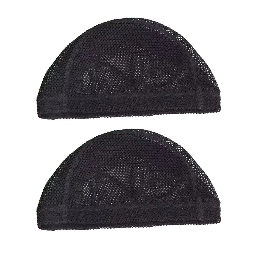 A black stretchable mesh wig cap shown from above.
