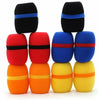 A set of five foam microphone windscreen covers in black, red, blue, and yellow.
