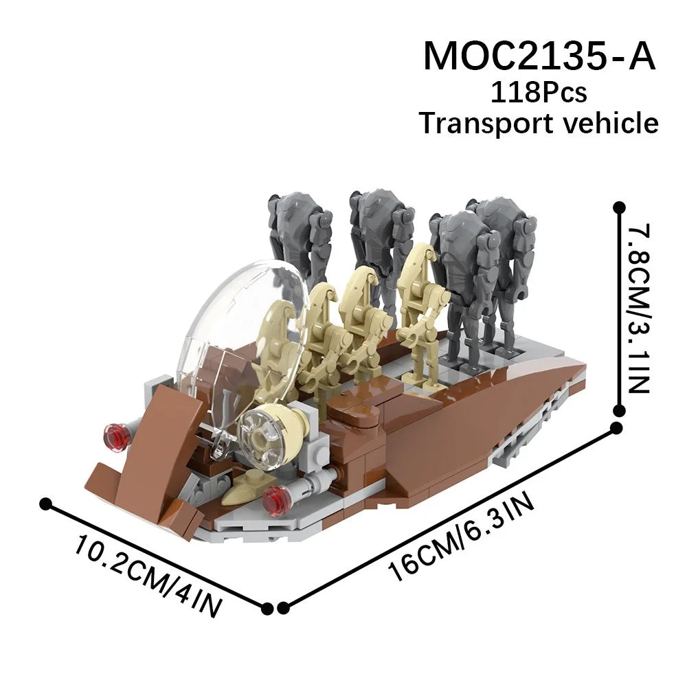 A model of a robot platoon and transport warship built from building blocks.