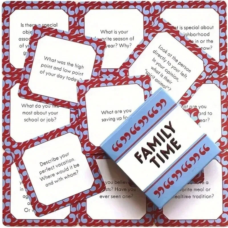 A box of Family Time conversation cards with prompts for gatherings