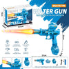 Blue water gun with continuous electric emission and flashing lights shown next to its components.