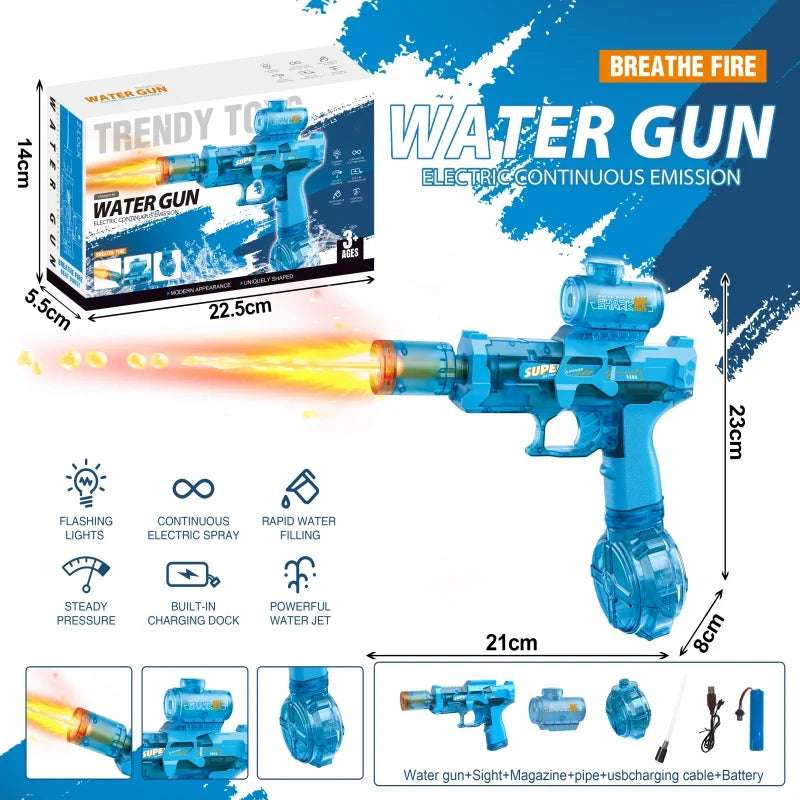 Blue water gun with continuous electric emission and flashing lights shown next to its components.