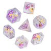 A set of polyhedral dice featuring a mushroom theme in shades of purple and yellow.