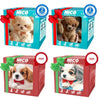 A set of three interactive plush robot puppy toys in various colors and packaging.