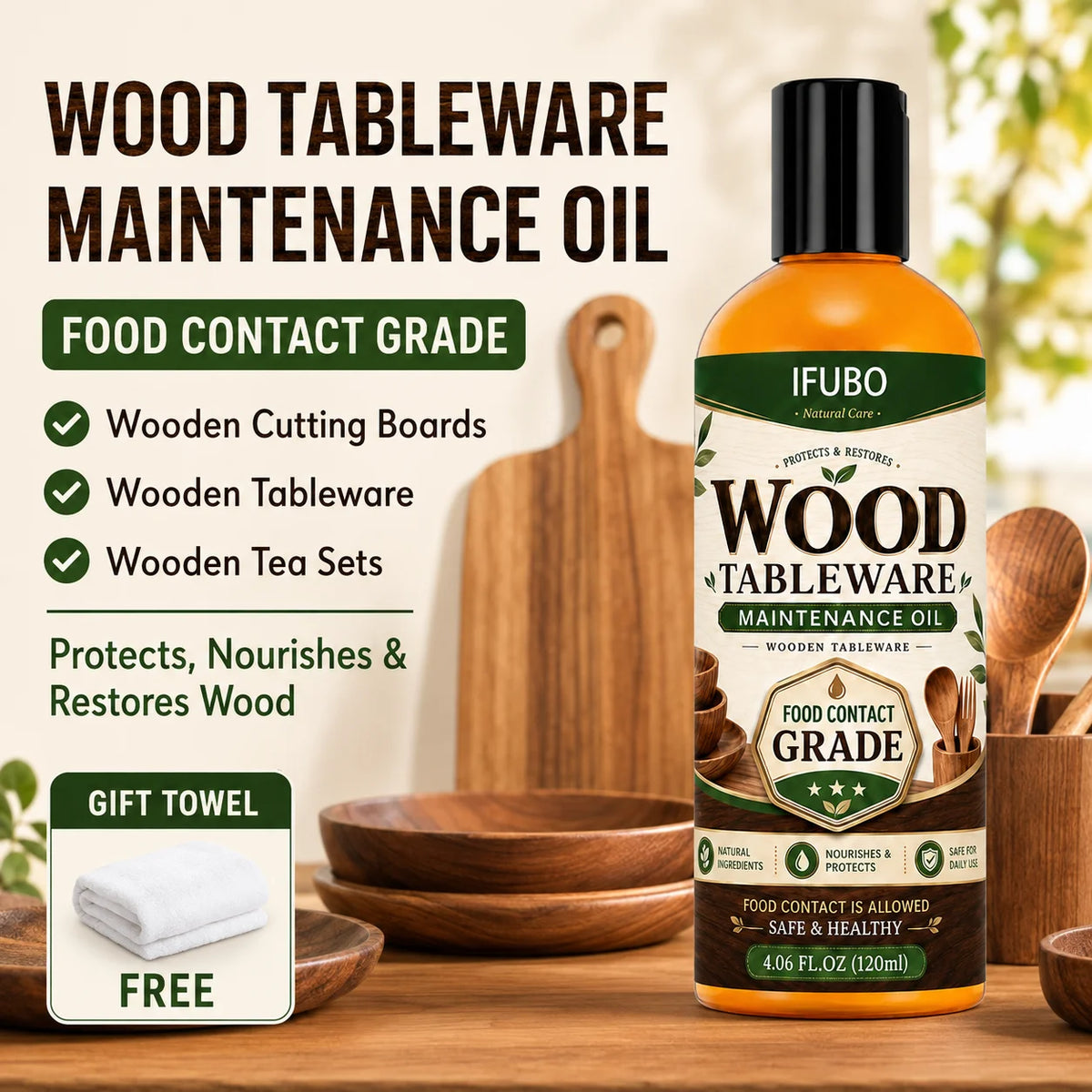 A bottle of IFUBO Wood Tableware Maintenance Oil next to wooden cutting boards and tea sets.