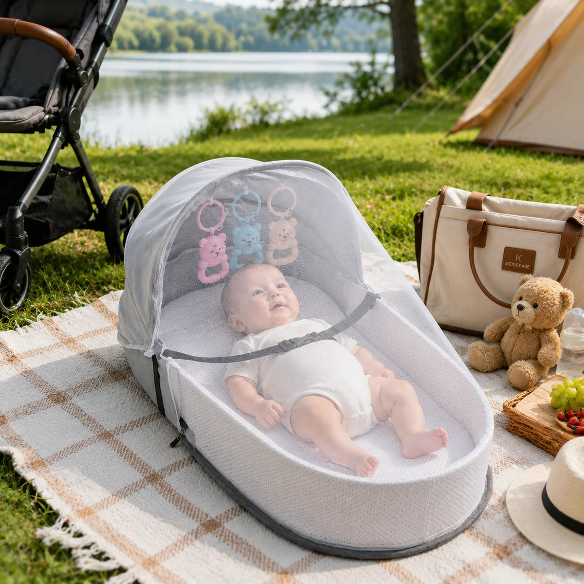 A portable foldable baby bed with a mosquito net and mattress is set up outdoors on a blanket.