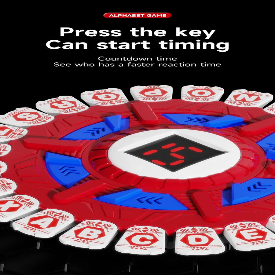 A close-up view of a red alphabet game with various letter tiles and a central mechanism for timing.