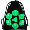 A black drawstring bag filled with transparent green polyhedral dice for tabletop role-playing games