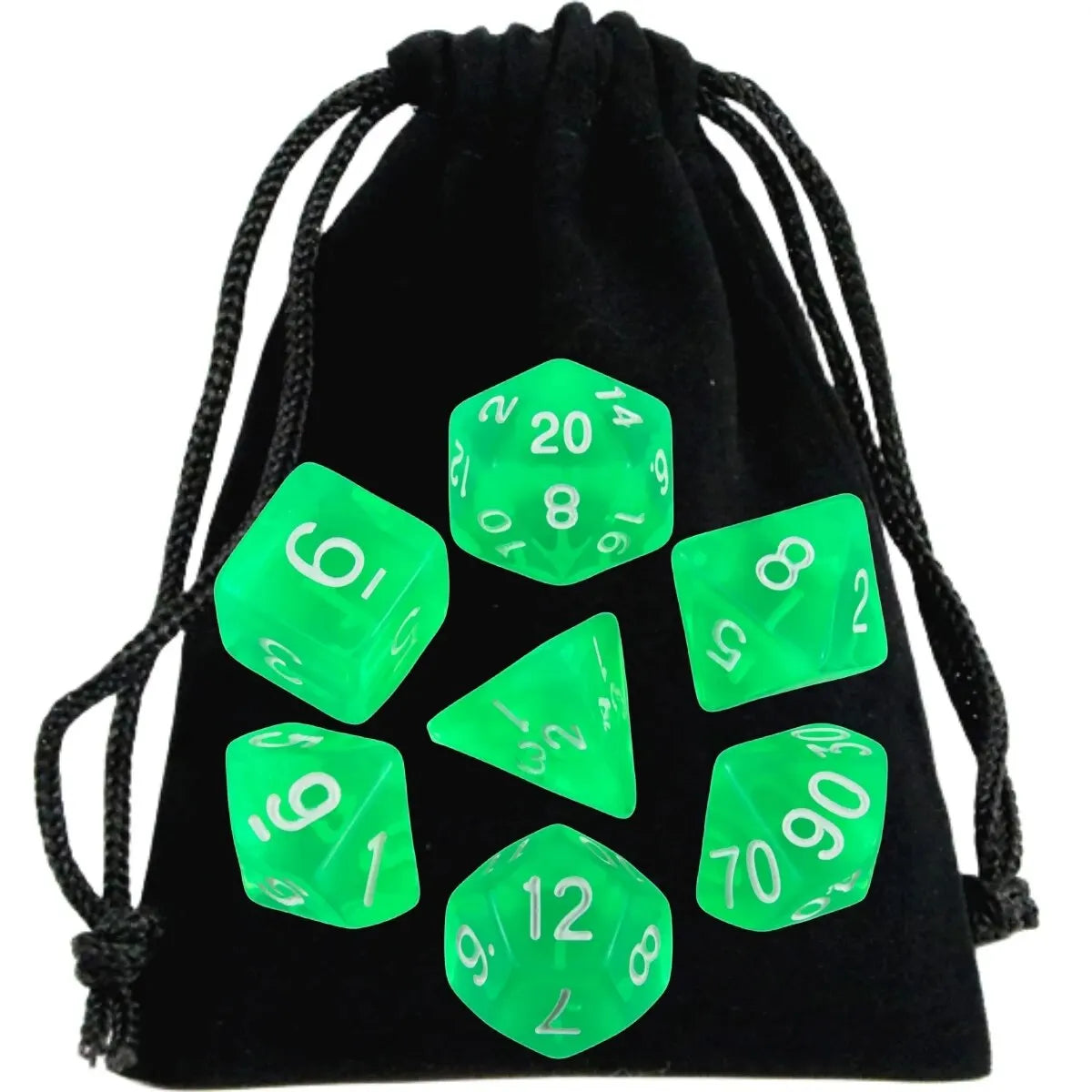 A black drawstring bag filled with transparent green polyhedral dice for tabletop role-playing games