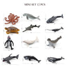 A mini set of 12 realistic ocean animal figurines including a whale, shark, dolphin, turtle, and penguin.