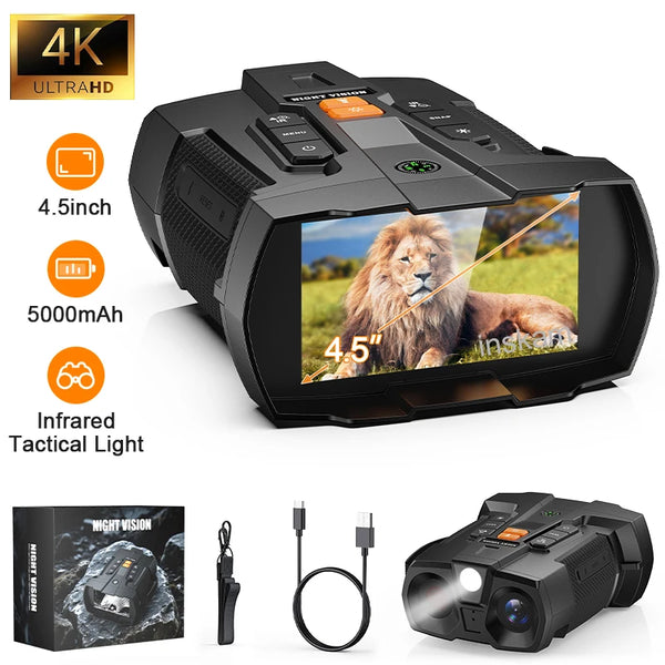 A black night vision binocular device is shown with various features and accessories.