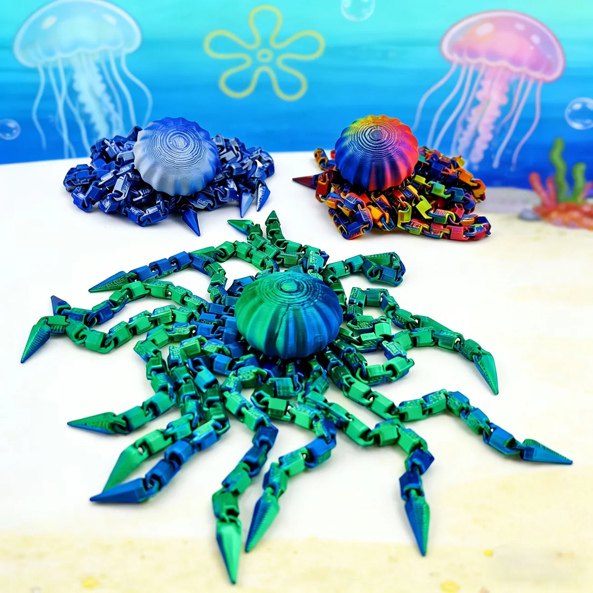 A colorful octopus desktop statue with green and blue tentacles and a purple shell resting on a white surface.