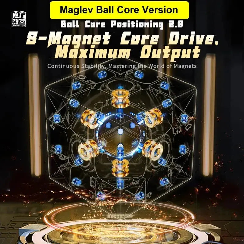 Dispositif à noyau sphérique magnétique hexagonal avec composants internes et lignes d'énergie bleues lumineuses.